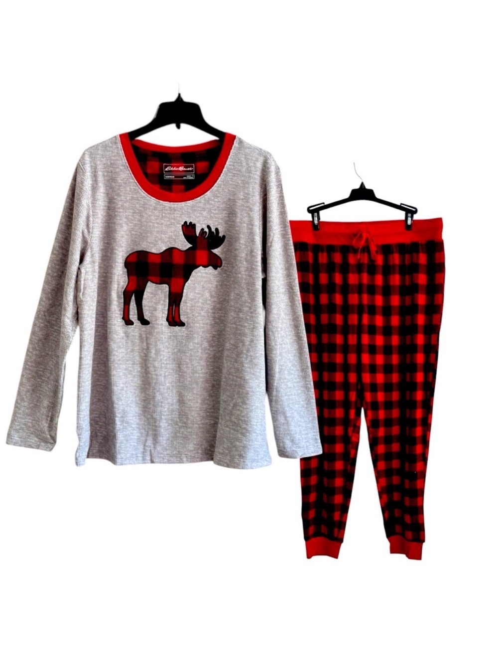 Eddie Bauer Womens Gray and Red Moose Waffle & Plaid Pajama Set